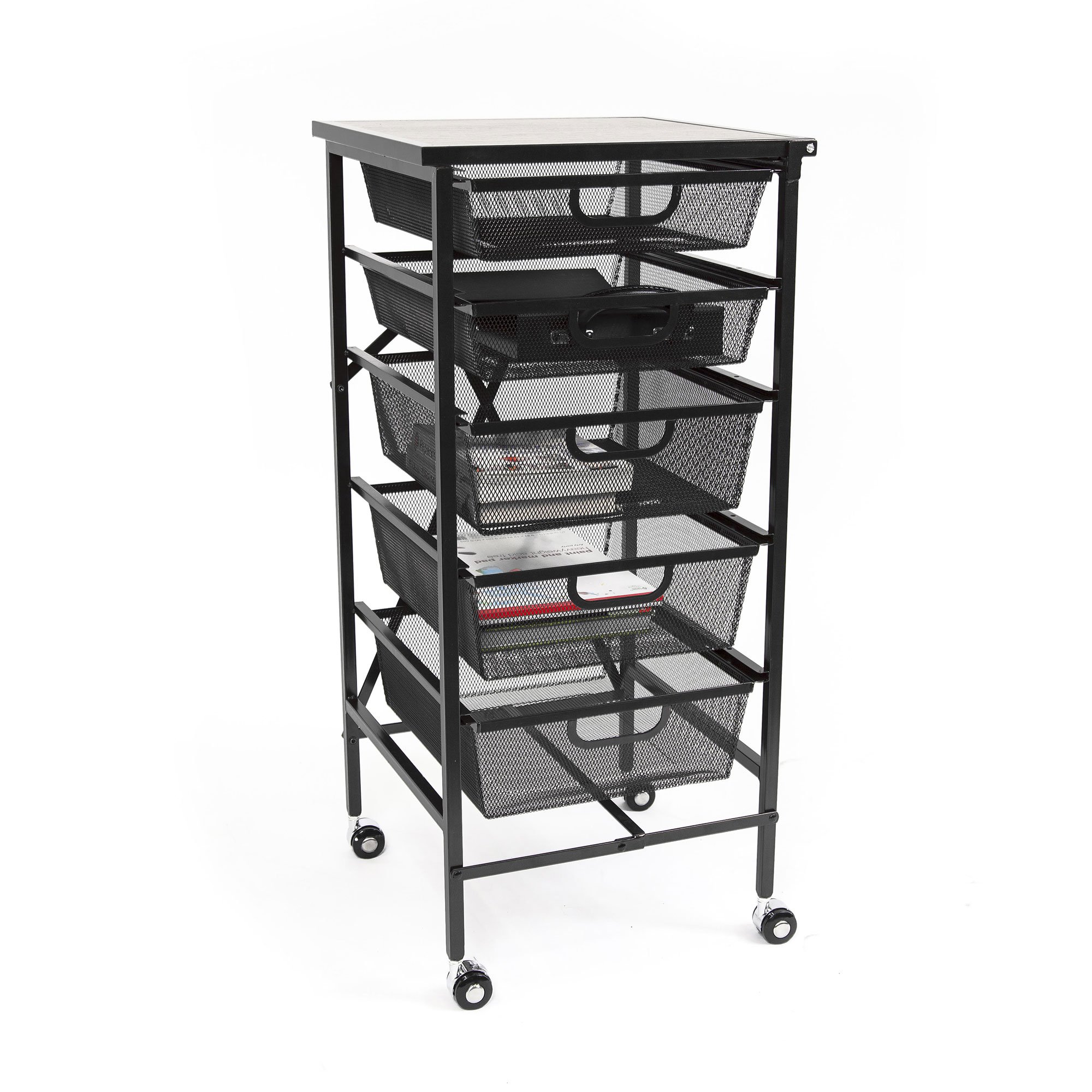 Origami Wheeled Foldable 5 Steel Drawer Storage Caddy Cart W Wooden Top   Dfs 05 Black 2 